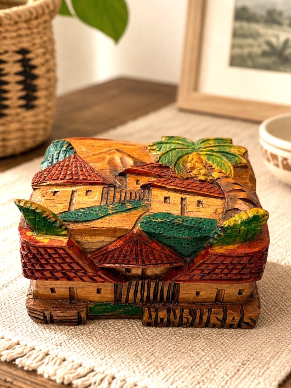 Handmade Honduras Carved Wooden Village Keepsake Box Trinket Jewelry Box